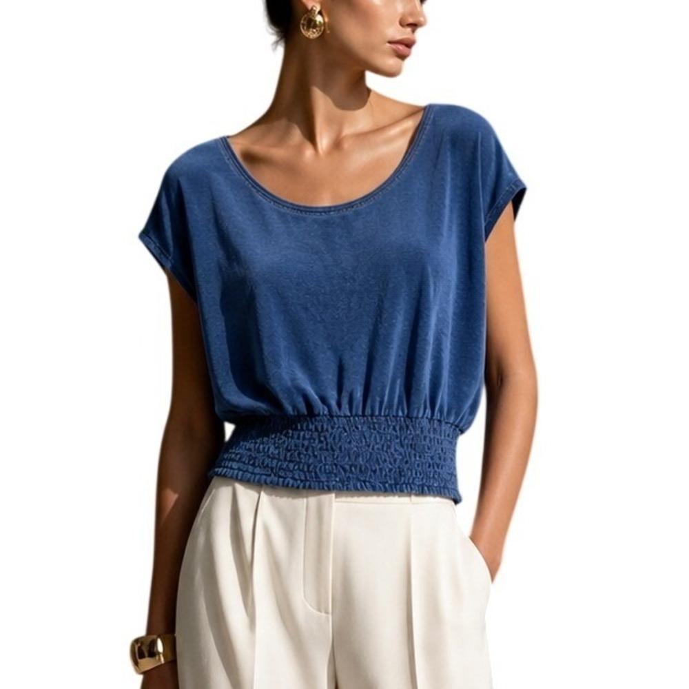 White House Black Market Indigo Blue Smocked Waist Blouson Top XS Short Sleeve